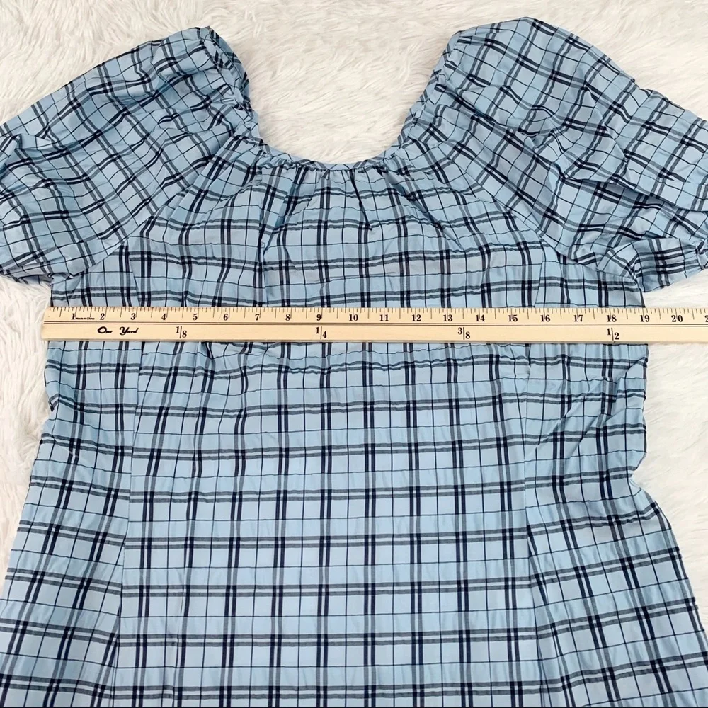 J Crew New V-back puff-sleeve top blouse in textured‎ plaid blue mist navy